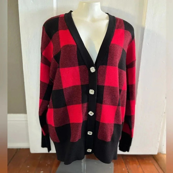 Tommy Bahama Sweaters - Tommy Bahama Buffalo Plaid Jewel Button Cardigan Red Black Sweater M